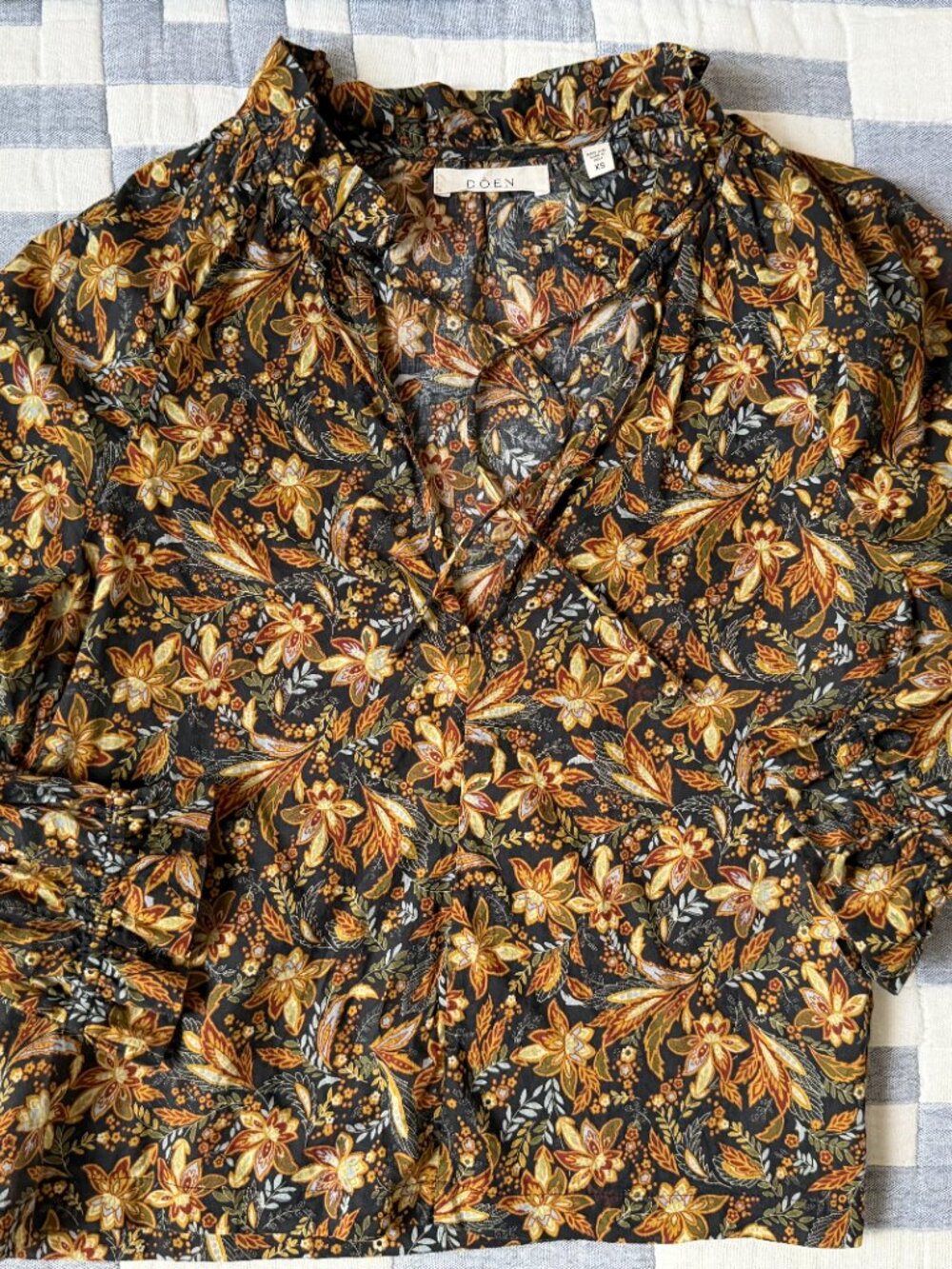 DÔEN Juna Top In Noir Narcissus Women's Floral Ruffle Cotton Blouse Tunic Top XS